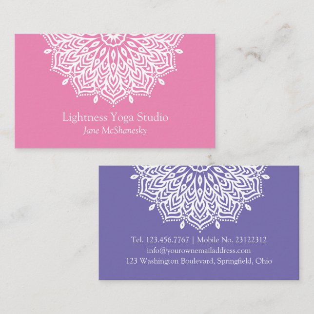 Yoga Studio Pink Lila Mandala Minimalistisch Visitenkarte (Vorne/Hinten)