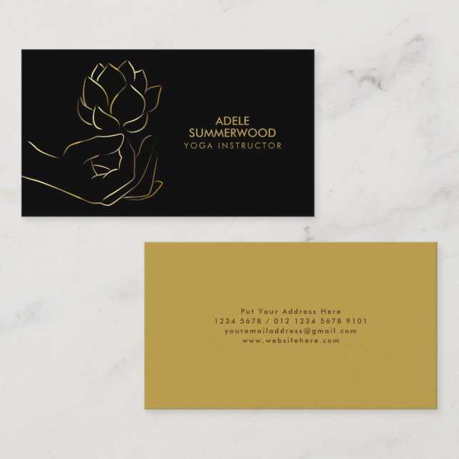 Yoga Theme | Gold Line Hand & Lotus Blume Black Visitenkarte (Vorne/Hinten)
