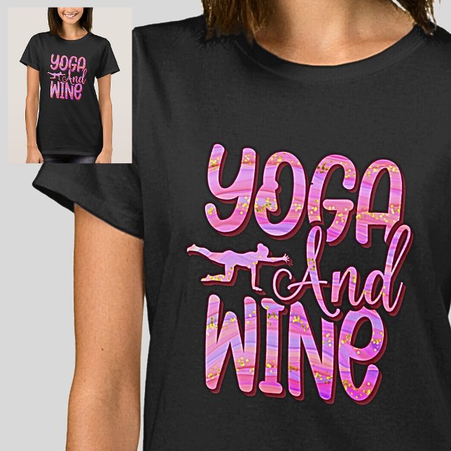 Yoga & Wine Pink Waves auf schwarzem T - Shirt (Von Creator hochgeladen)