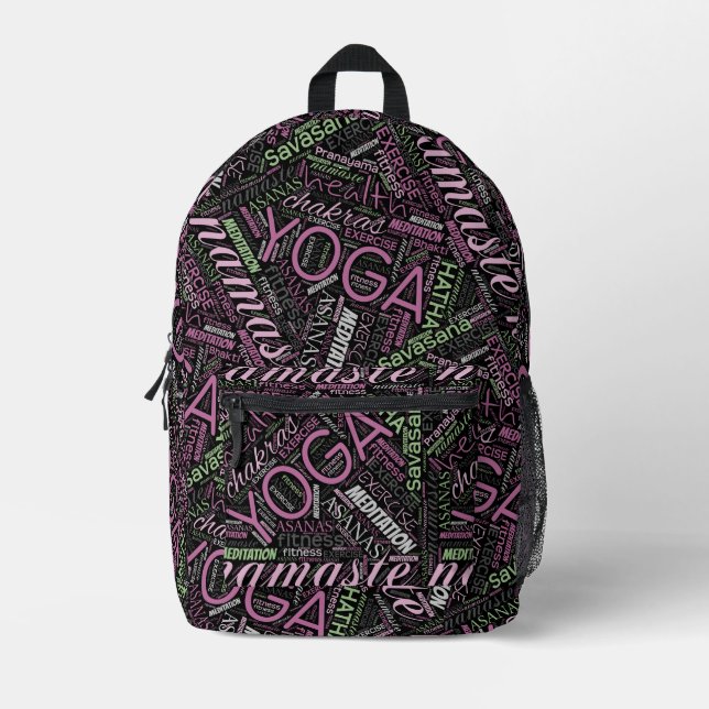Yoga Word Cloud Plum/Green ID254 Bedruckter Rucksack (Vorderseite)