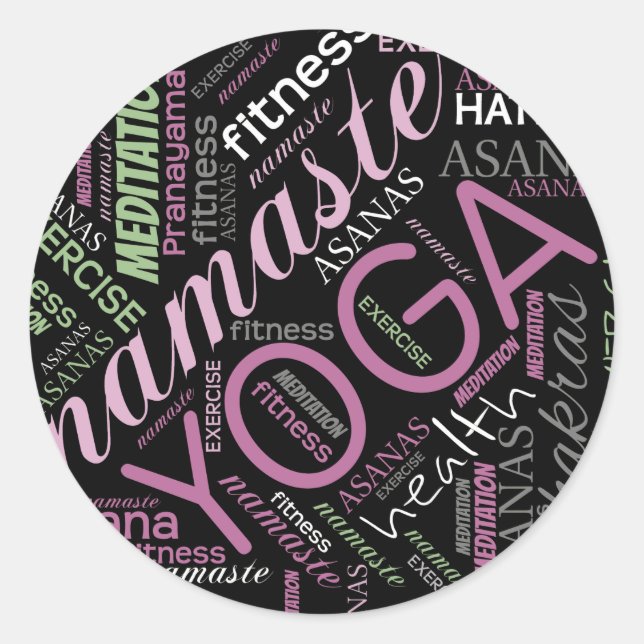 Yoga Word Cloud Plum/Green ID254 Runder Aufkleber (Vorderseite)