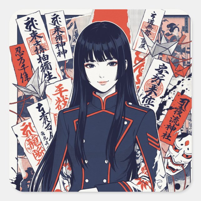 Yokai and protective talismans depicted in a Japan Quadratischer Aufkleber (Vorderseite)