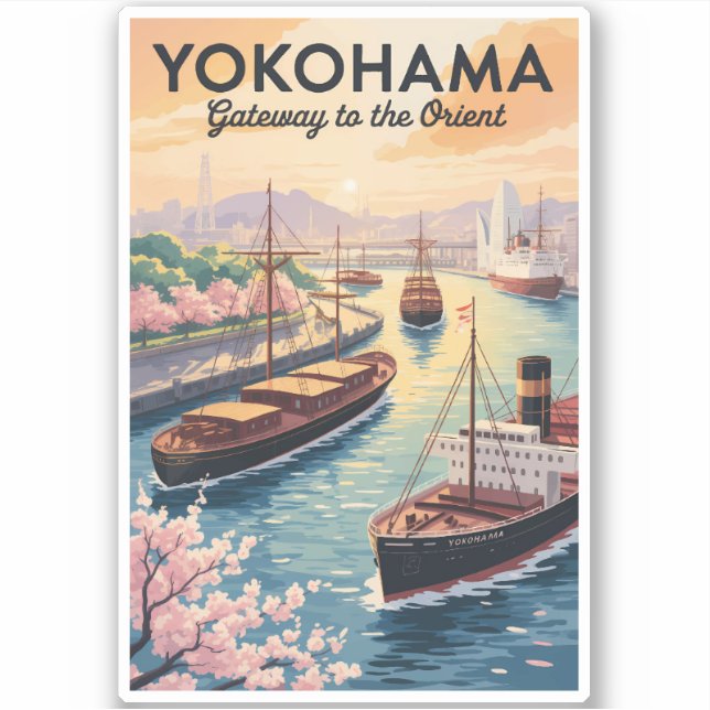 Yokohama Japan Illustration Travel Art Vintage Aufkleber (Vorderseite)
