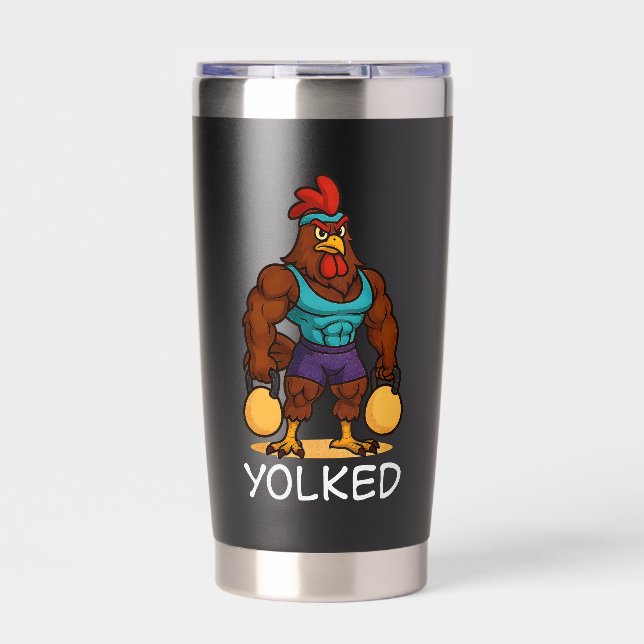 Yolked Rooster – Funny Strong Chicken Kettlebell Thermobecher (Vorderseite)