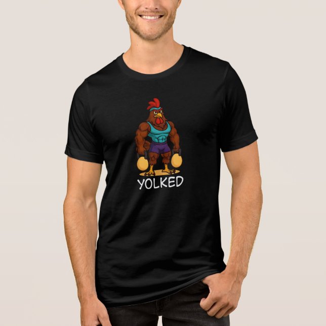 Yolked Rooster – Funny Strong Chicken Kettlebell Tri-Blend Shirt (Vorderseite)