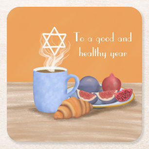 Yom Kippur Fastenbrechen: Kaffee, Granatäpfel Rechteckiger Pappuntersetzer
