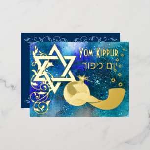 Yom Kippur Star Shofar Blue Real Folie Einladungspostkarte