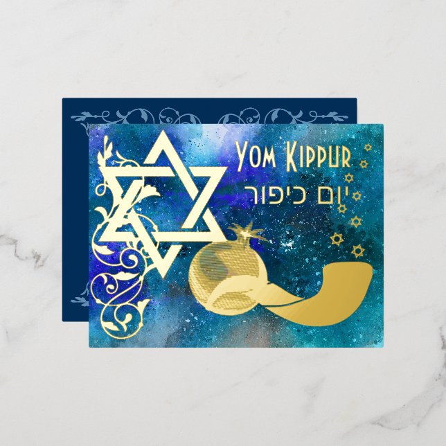 Yom Kippur Star Shofar Blue Real Folie Einladungspostkarte (Vorderseite/Rückseite)