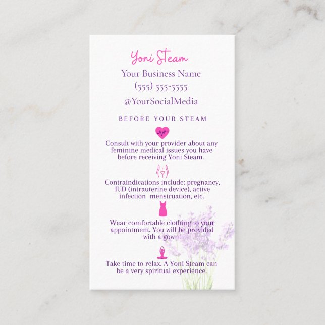 Yoni Steam Pre/Post Aftercare Instruction Card Visitenkarte (Vorderseite)
