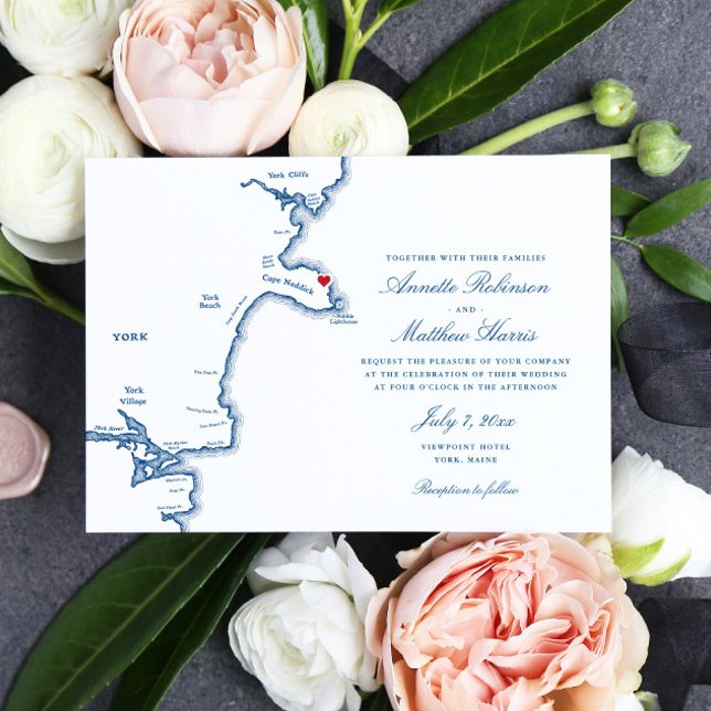 York Maine Elegant Navy Map Wedding Einladung (These York )
