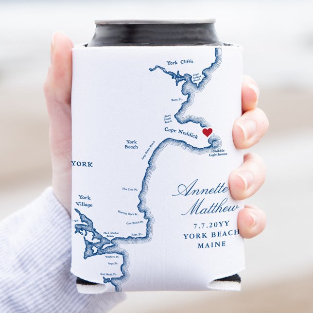 York Maine Map Gastgeschenk Hochzeit Drink Dosenkühler (These York Beach Maine Can Coolers are great wedding favor coozies for your destination wedding)
