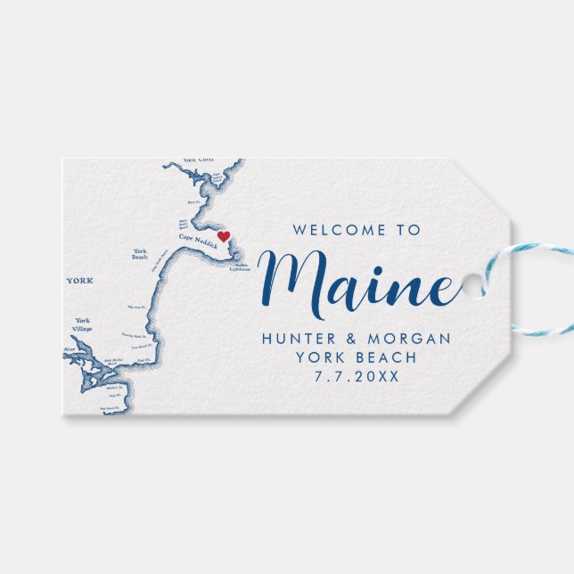 York Maine Map Minimal Moderne Marine Wedding Welc Geschenkanhänger (Vorderseite (Horizontal))
