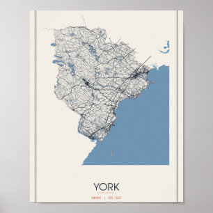 York, Maine Straßenkarte Poster – Gegr. 1652