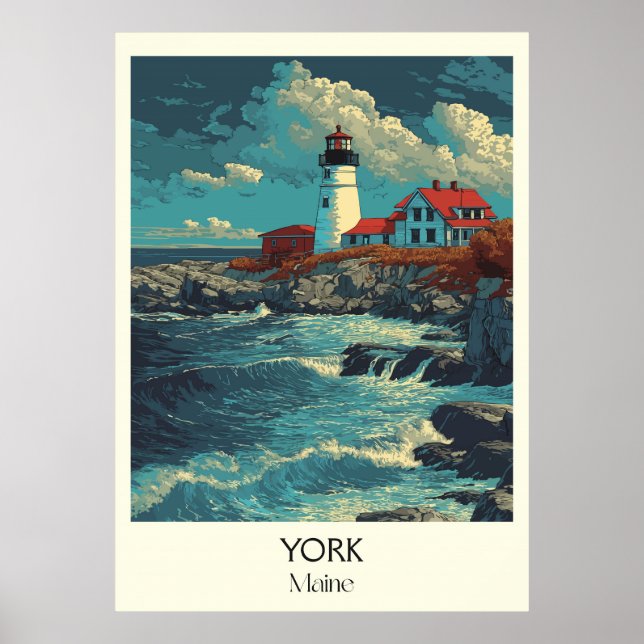 York Maine Vintag Lighthouse Küstenwaves Art Poster (Vorne)