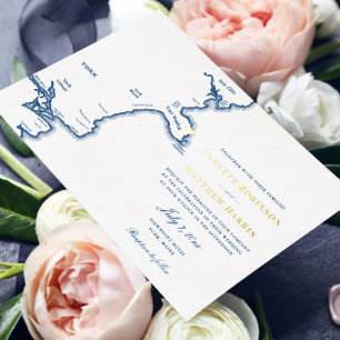 York Maine Wedding Navy und Gold Folieneinladung