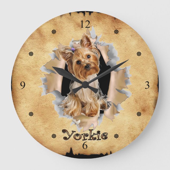 Yorkie bricht durch Papiertücher Uhr! ~ Große Wanduhr (Vorderseite)