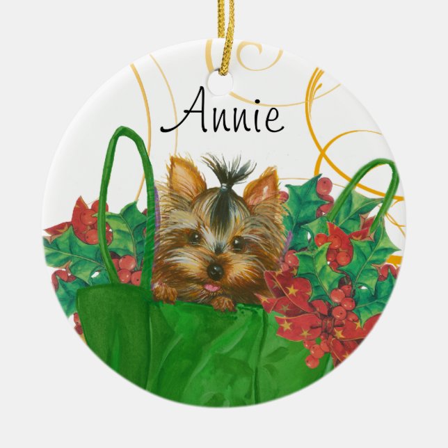Yorkie Christmas Tree Ornament mit Holly (Vorne)