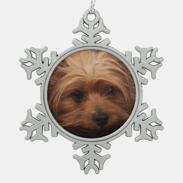 Yorkie Classic Pout Schneeflocken Zinn-Ornament (Vorderseite)
