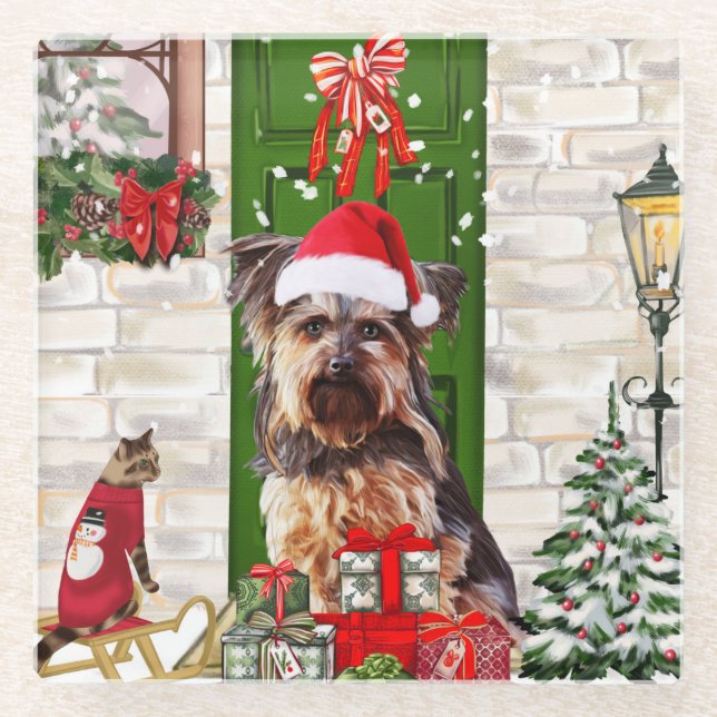Yorkie Dog Christmas Glasuntersetzer (Vorderseite)