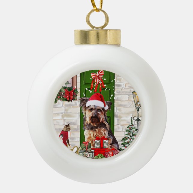 Yorkie Dog Christmas Keramik Kugel-Ornament (Vorderseite)