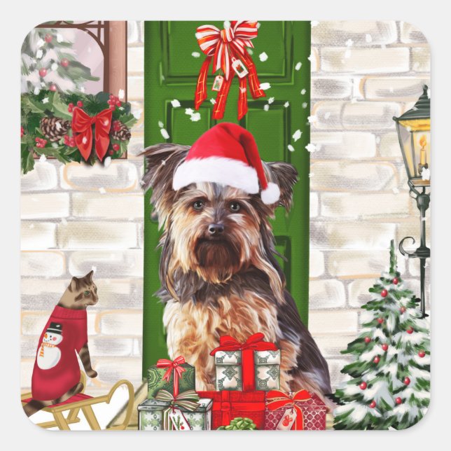 Yorkie Dog Christmas Quadratischer Aufkleber (Vorderseite)