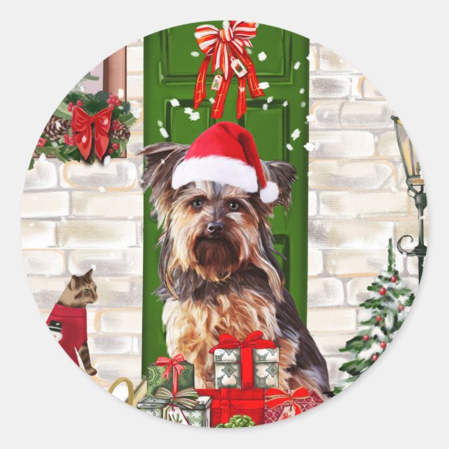 Yorkie Dog Christmas Runder Aufkleber (Vorderseite)
