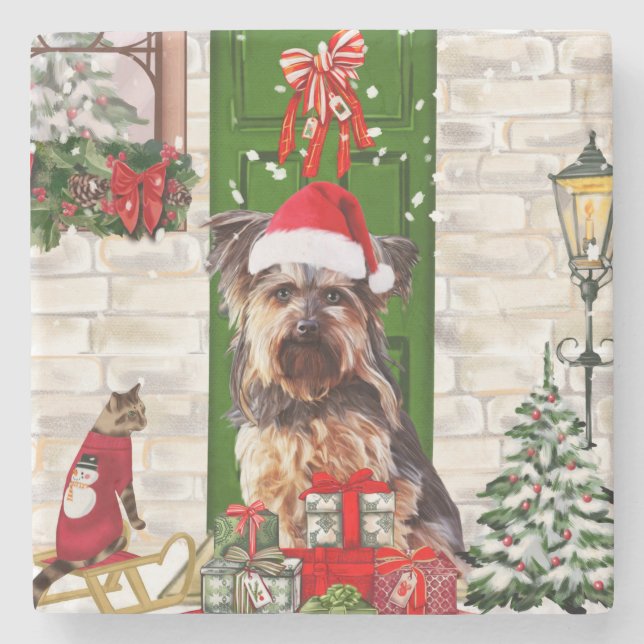 Yorkie Dog Christmas Steinuntersetzer (Vorderseite)