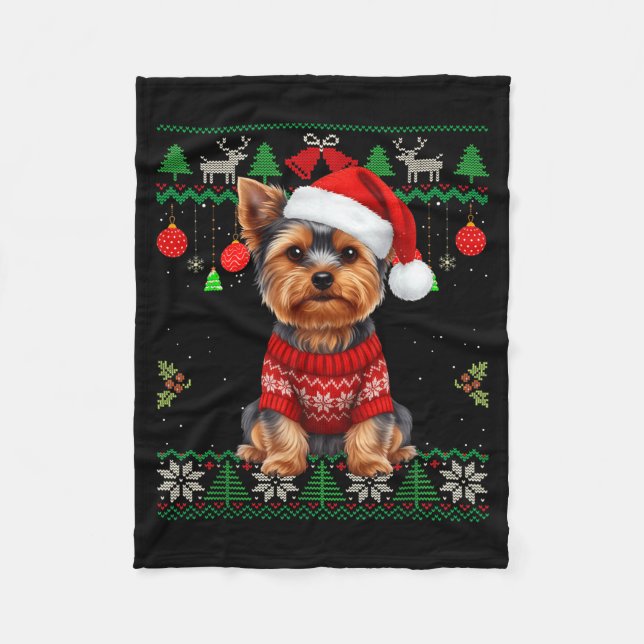 Yorkie Dog Christmas Wearing Ugly Christmas Sweate Fleecedecke (Vorderseite)