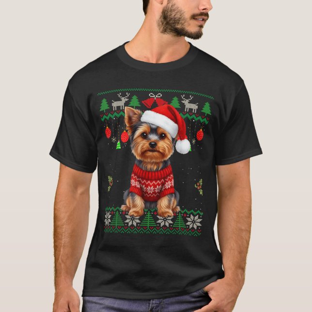 Yorkie Dog Christmas Wearing Ugly Christmas Sweate T-Shirt (Vorderseite)