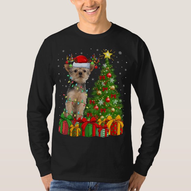 Yorkie Dog Lighting Xmas Tree Weihnachtsmannmütze  T-Shirt (Vorderseite)