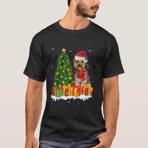 Yorkie Dog Lighting Xmas Tree Weihnachtsmannmütze T-Shirt