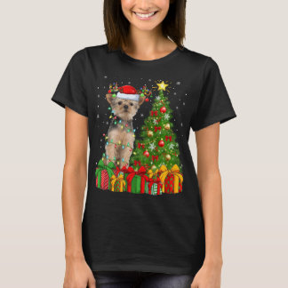 Yorkie Dog Lighting Xmas Tree Weihnachtsmannmütze T-Shirt