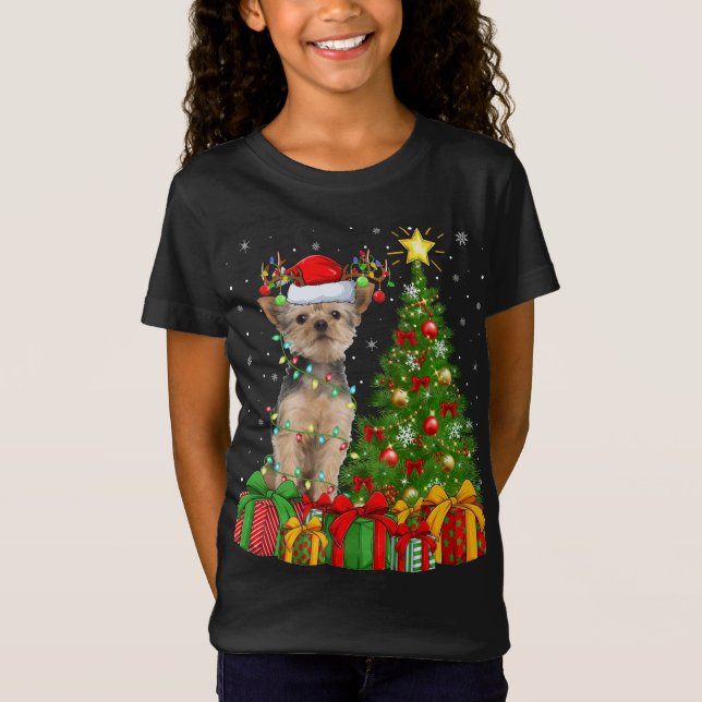 Yorkie Dog Lighting Xmas Tree Weihnachtsmannmütze  T-Shirt (Vorderseite)