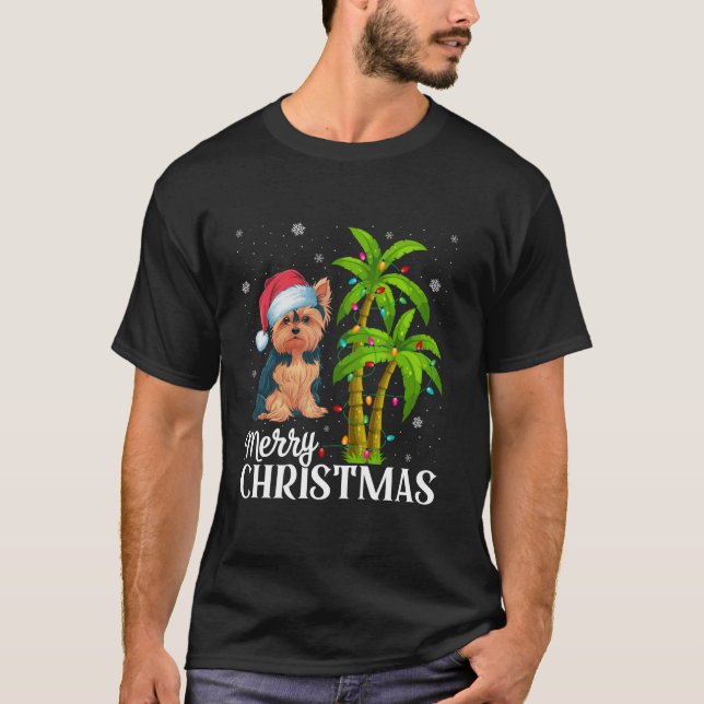 Yorkie Dog Lovers Men Women Christmas Tree Lights  T-Shirt (Vorderseite)