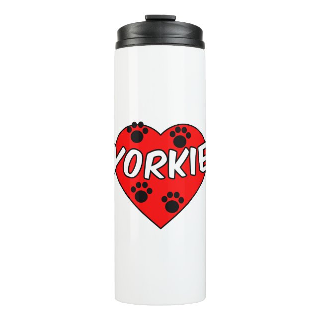 Yorkie Dog Paw Prints und Rotes Herz Thermosbecher (Vorderseite)