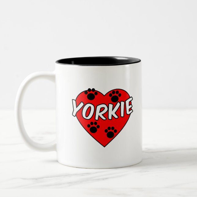 Yorkie Dog Paw Prints und Rotes Herz Zweifarbige Tasse (Links)
