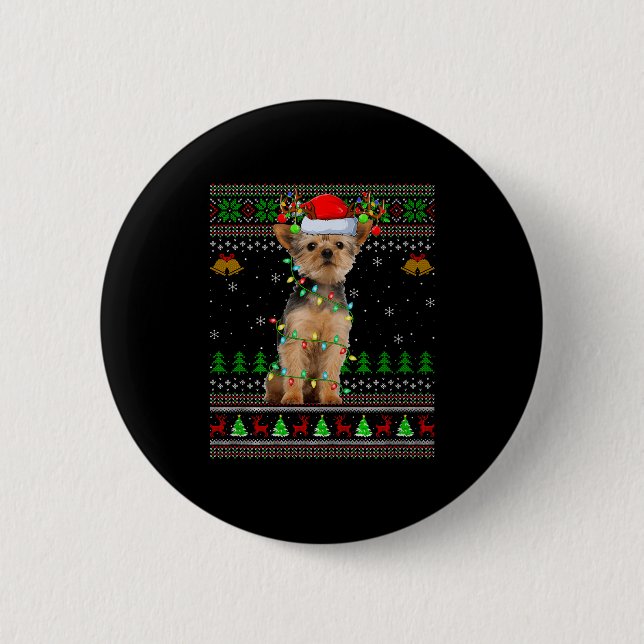 Yorkie Dog Ugly Christmas Sweaters Holiday Santa X Button (Vorderseite)