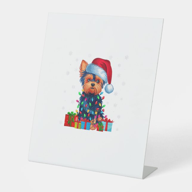 Yorkie Dog Ugly Xmas Lights Weihnachtsmannmütze Yo Sockelschild (Vorderseite)