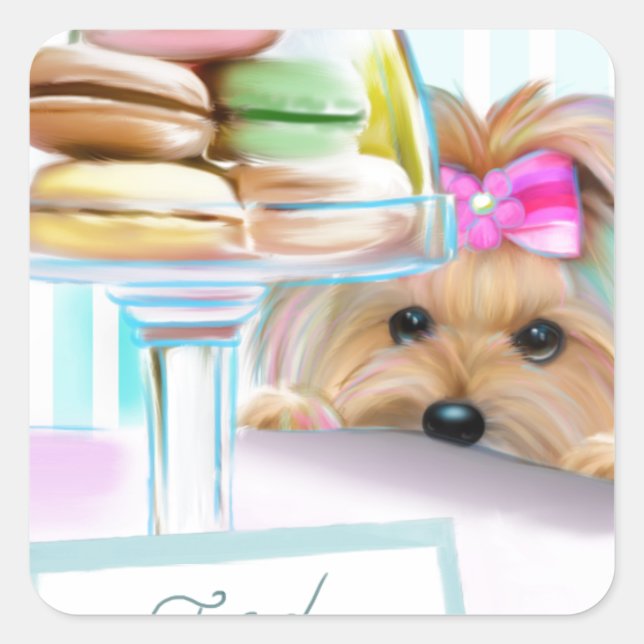 Yorkie French Macarons Quadratischer Aufkleber (Vorderseite)