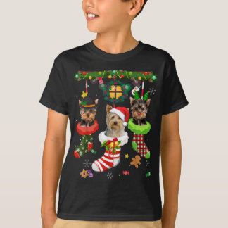 Yorkie in Socken Weihnachten Weihnachtsbeleuchtung T-Shirt