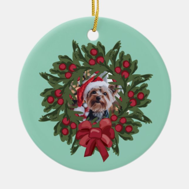 Yorkie-Kranz-Weihnachtsbaumanhänger Keramik Ornament (Vorne)