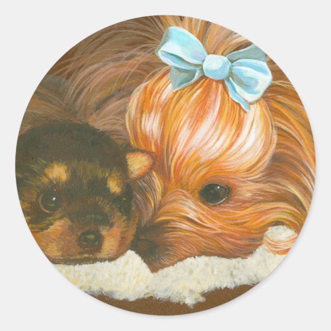 Yorkie Mama mit Welpe Runder Aufkleber (Vorderseite)