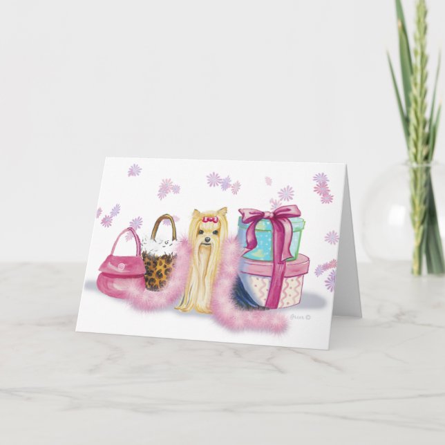 Yorkie mit Feather Boa Grußkarten Karte (Vorderseite)