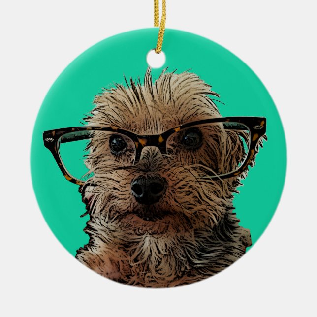 Yorkie mit Gläsern Keramik Ornament (Vorne)