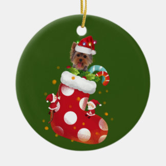 Yorkie mit Hat Sock Christmas Keramik Ornament