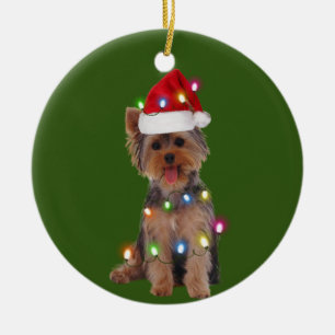 Yorkie mit Weihnachts-Scafts-Weihnachtsmannmütze-G Keramik Ornament