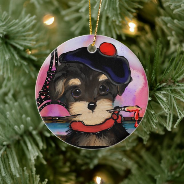 YORKIE POO ARTIST IN PARIS KERAMIK ORNAMENT (Baum)