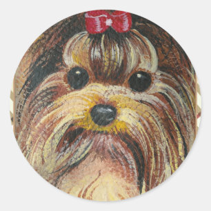 Yorkie Portrait in Karierten Runder Aufkleber