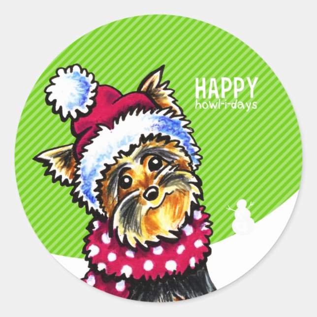 Yorkie Scarf Weihnachts-Happy Howl-i-days Runder Aufkleber (Vorderseite)