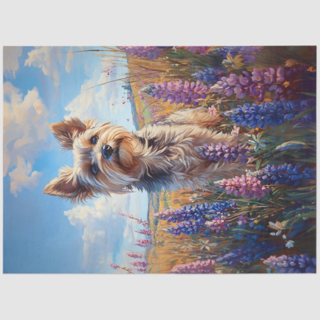 Yorkie Terrier Lila Lupine Blume Decoupage Seidenpapier (Vorderseite)